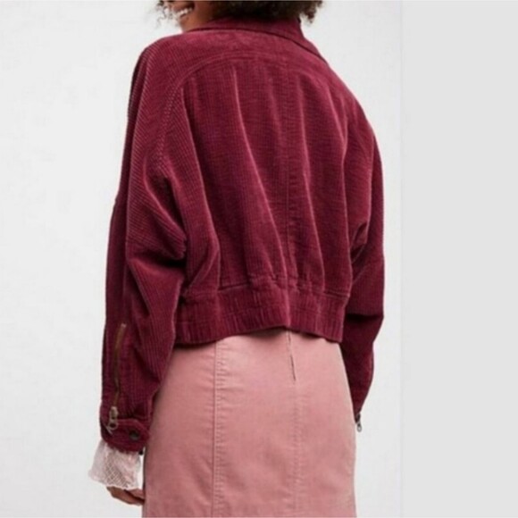 Free People Slouchy Dolman Moto Jacket Corduroy Burgundy Full Zip Lined Belted M - Picture 2 of 16